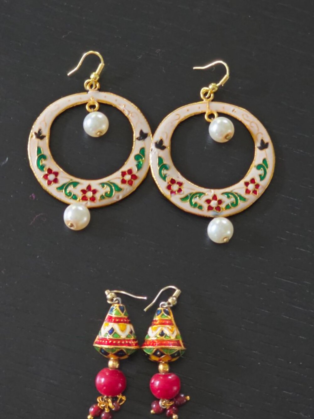 NWOT 2 Pair Meenakari Enamel Earrings Combo Hoop Pearl Drop Indian Set
